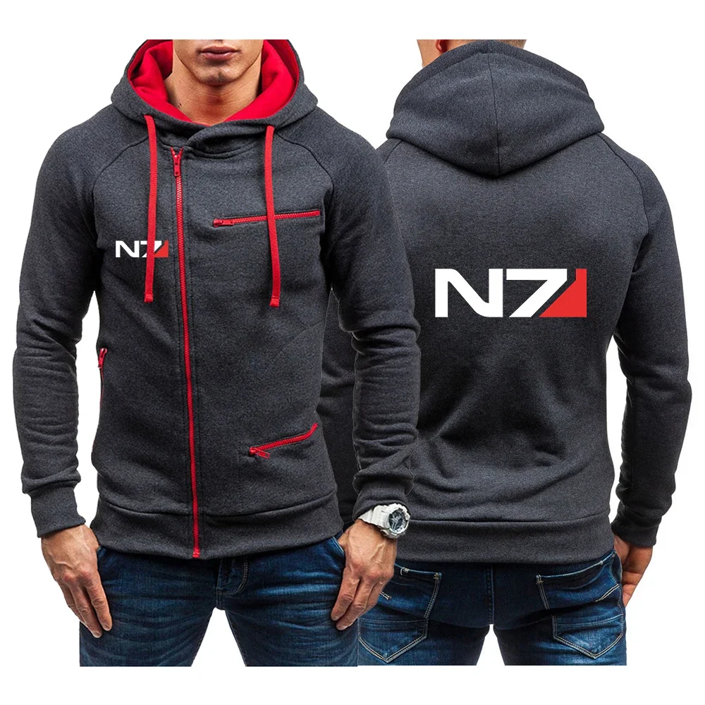 

N7 Mass Effect 2024 Men's New Long Sleeve Fashion Diagonal Zip Hoodies Solid Color Long Sleeve Sweatshirt Slim Fit Pullover Tops