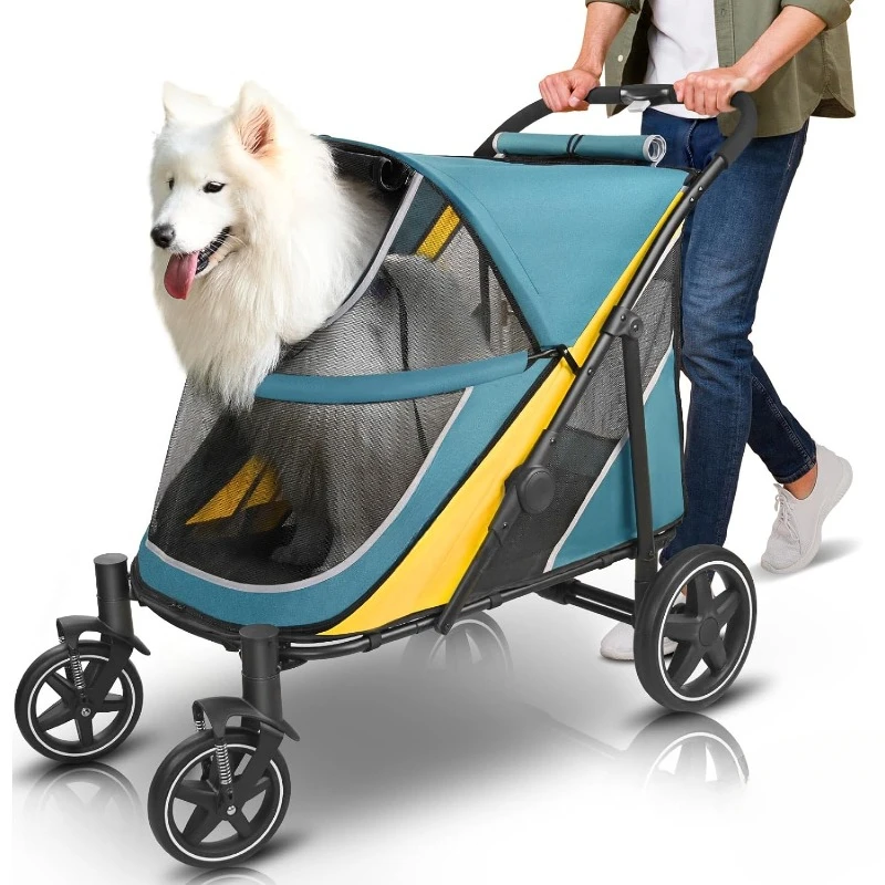 Dog Stroller Easy Fold Dual Entry One-Foot Brake Large Breathable Mesh Sunroof All Terrain Stroller Medium Large up to 80 lbs