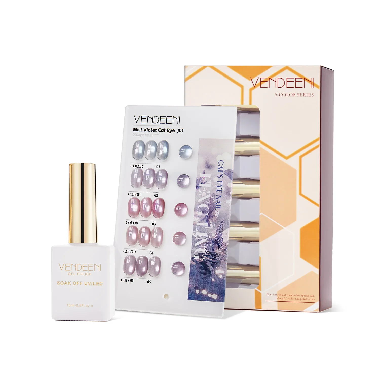 Vendeeni 5 Colors Cat Eye Nail Polish Set Dreamy Glass Beads Magnetic Gel UV Soak Off Gel Varnish for Manicure With Display