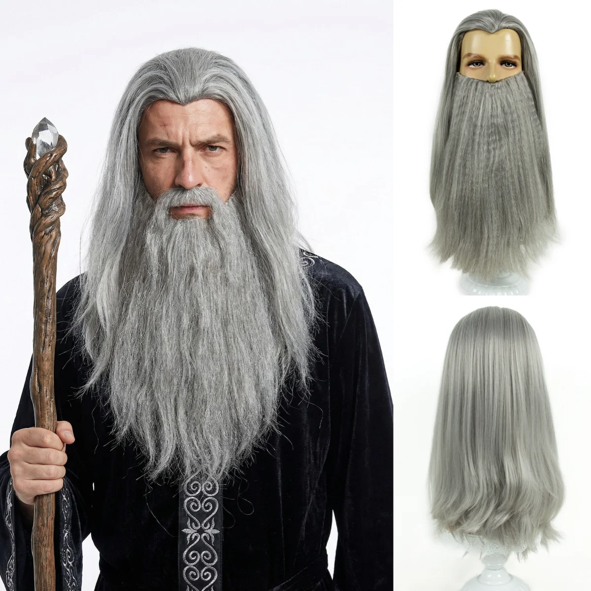 REEWES Wig Beard Set Grey Long Curl Yaki Synthetic Hair Old Man Costume Wig Anime Cosplay Halloween Party Proofs