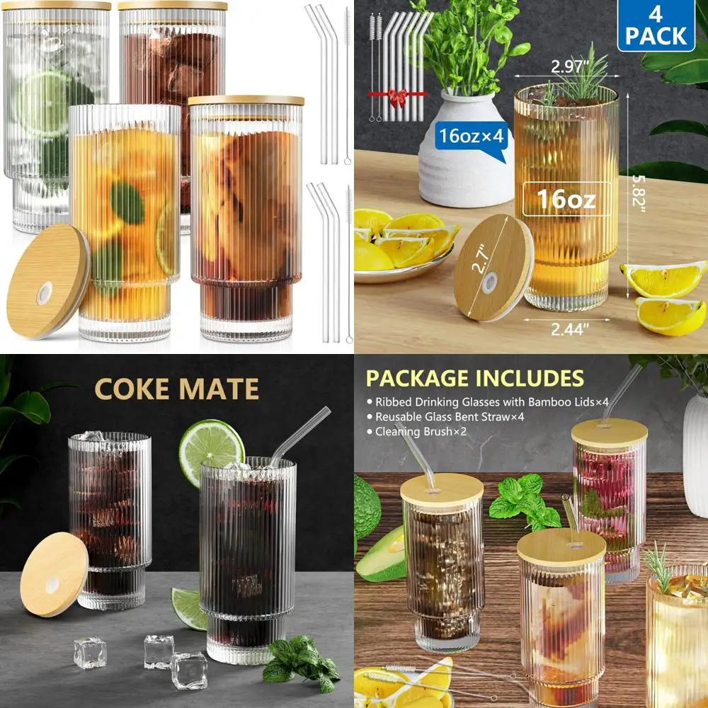 

16oz ribbed glass cups with lids and straws 4 set, vintage glassware for whiskey cocktail beer, iced coffee cups with lid, glass