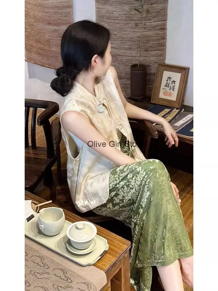 Women's Vest Skirt Set Light Luxury High End Green Half Skirt Two Piece Set New Chinese Traditional Clothing