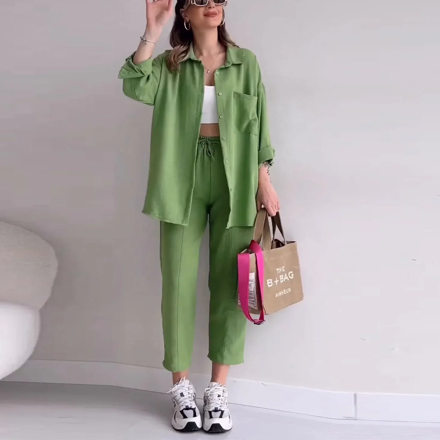 Two-Piece Solid Pant Sets for Women, Turn Down Collar, Loose Fit Outfits, Blouse Suit, Lace-up, Nine-point Pantsuit, Spring