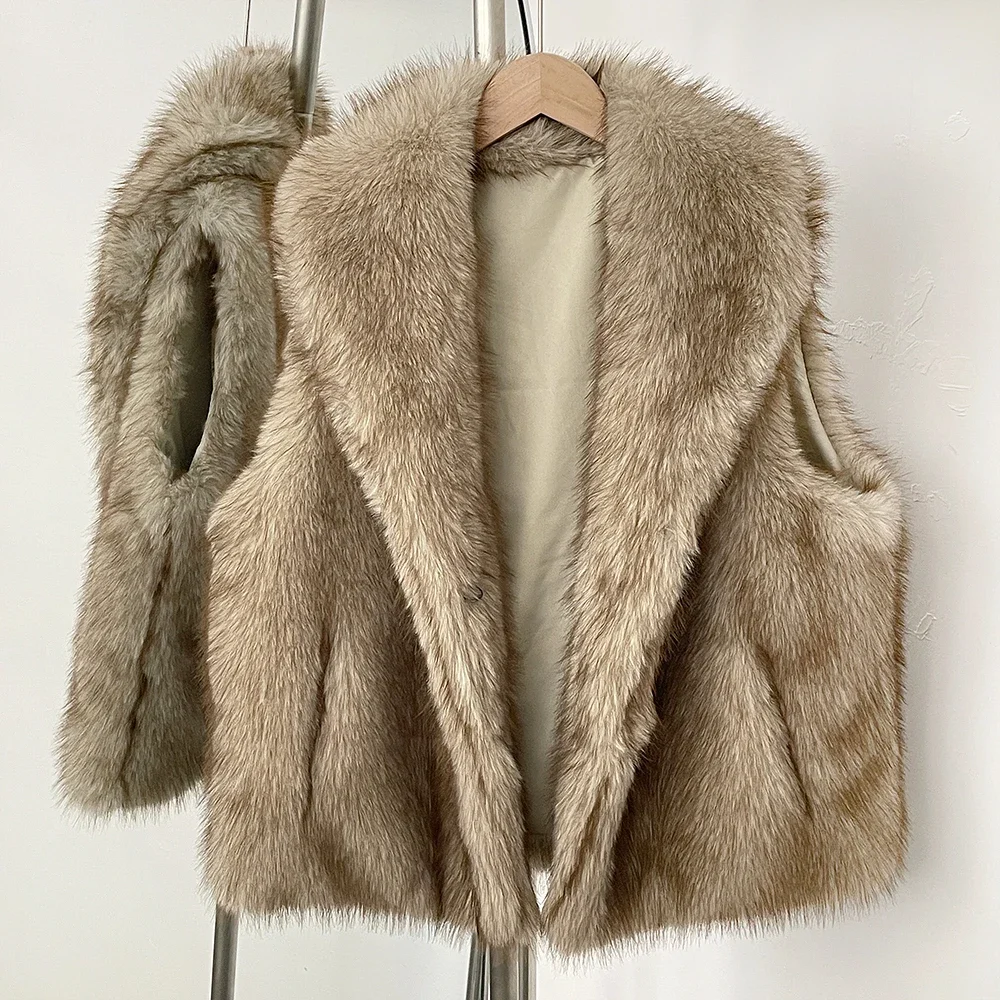 OFTBUY معطف الفرو بلا أكمام المرأة صديقة للبيئة الخريف الشتاء الدافئة الاصطناعي التلبيب فو الفراء صدرية وهمية الفراء Jakcet الإناث