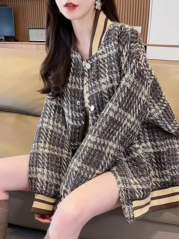 Jaet de béisbol a cuadros para mujer, ropa de abrigo a la moda para primavera, Otoño e Invierno, Top holgado con forro de Fce para estudiantes de secundaria