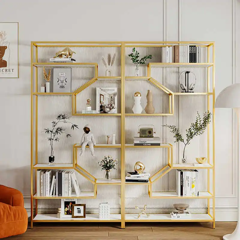 

Light luxury wrought iron bookshelf Changhong glass shelf floor-to-ceiling multi-layer living room storage