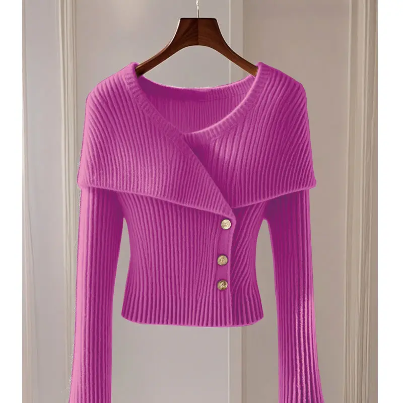 High-end Autumn Winter Coat Knitted Sweater Women Slim Tops Button Lapel Long Sleeve Pullover Design Pink Sweater Clothes Trend