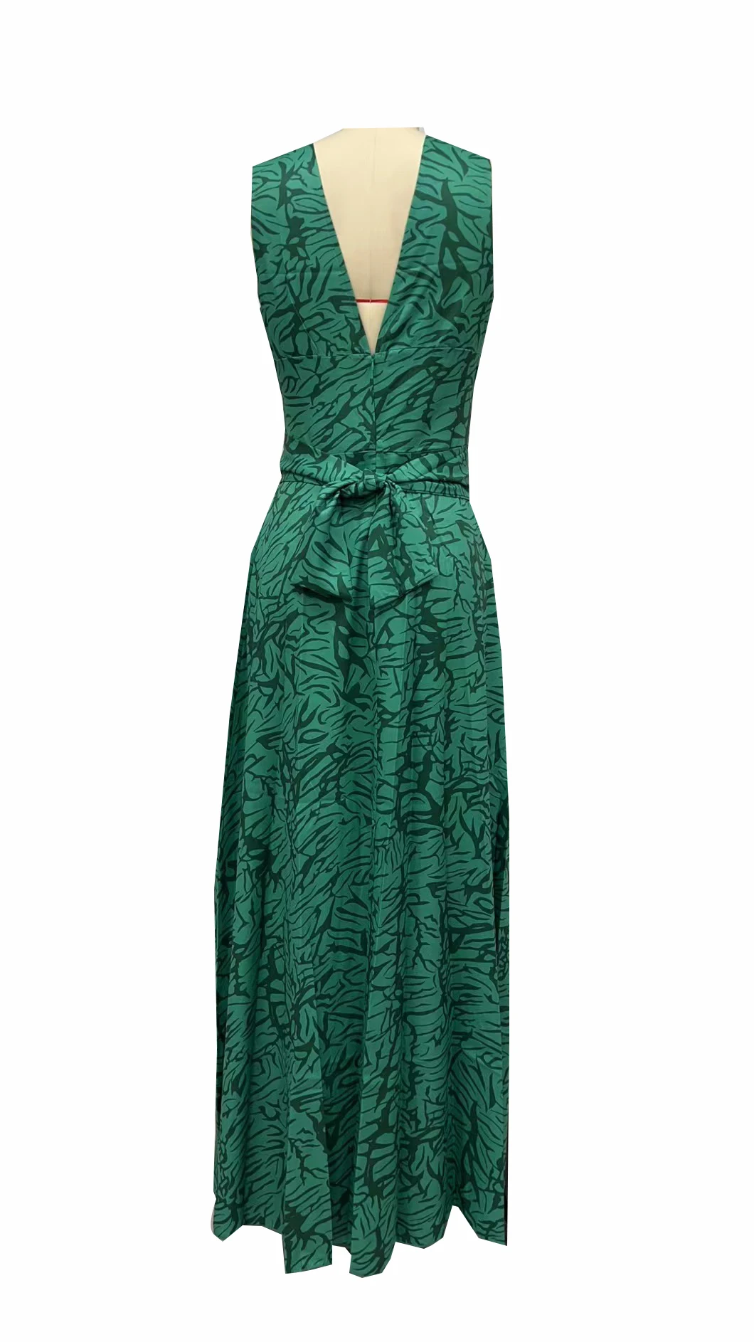 Fashion Green Printed Party Dresses Sexy Deep V Neck Evening Dresses Elegant Sleeveless Bow Ruffles Female Prom Vestidos Robes