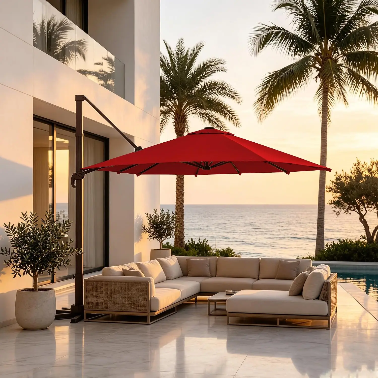 Large Outdoor Umbrella with Base,cantilever Offset Patio Umbrella Red | 11FT Round ,360° Rotation + Tilt, Customized