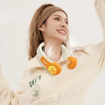 어린이용 휴대용 목걸이형 선풍기 잎, 목걸이형 쿨러, USB 충전 조절 가능 바람 만화 야외 선풍기 목 선풍기 