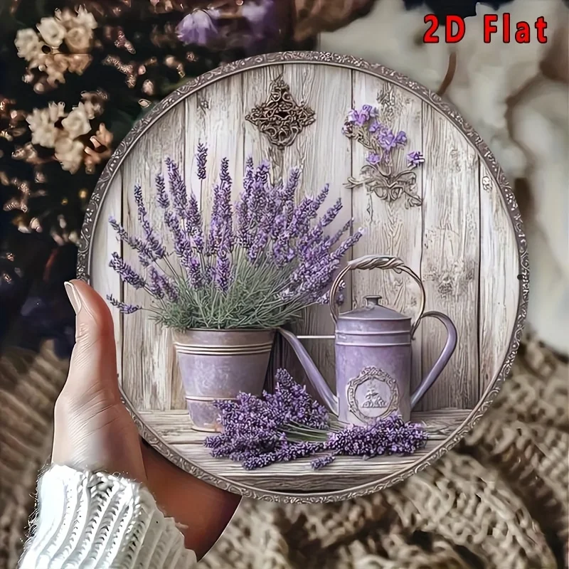 2D Flat – rundes Aluminium-Wandkunstschild im Vintage-Stil, Lavendel-Thema, perfekt zum Dekorieren von Bars, Küchen, Cafés, Livi