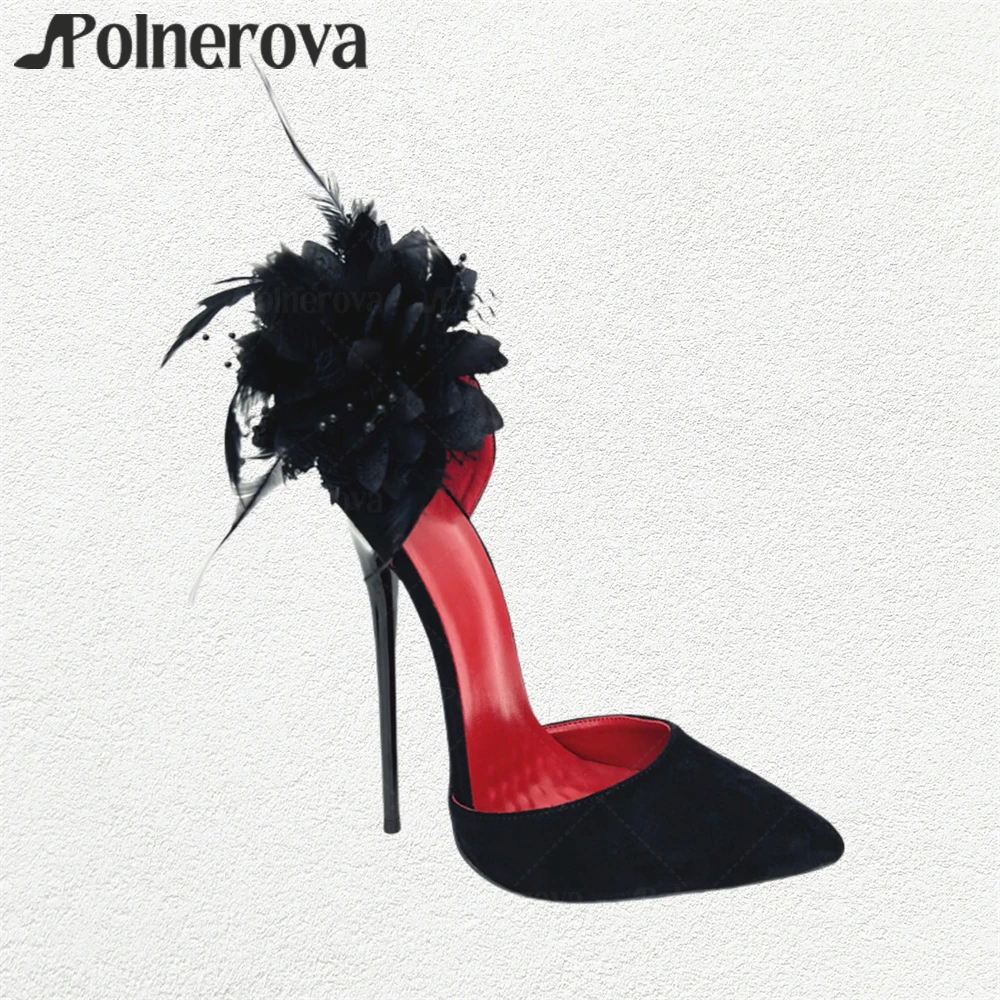 

Feather Flower Stiletto Pumps Fashion Style Pointed Toe Suede High Heels Sexy Designer Style Women Handmade Lacquered High Heels