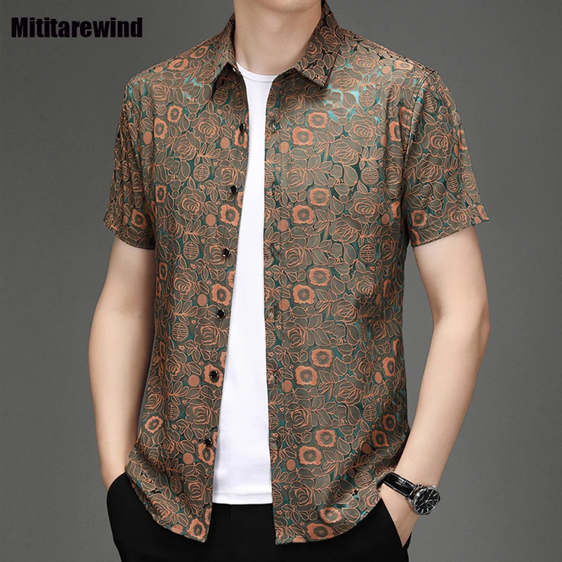 

Korean Fashion Men Shirts Summer New Short Sleeve Printed Shirt Lapel Causal Shirts Middle-aged and Elderly Men's Social Shirt