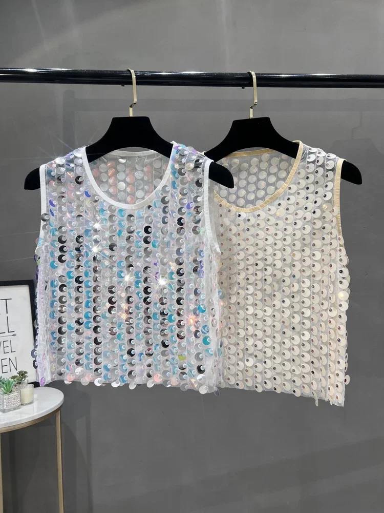 European and American Style Versatile Sleeveless Bottoming Tops Shiny Dance Clothes for Women Slimming Sequined Vests