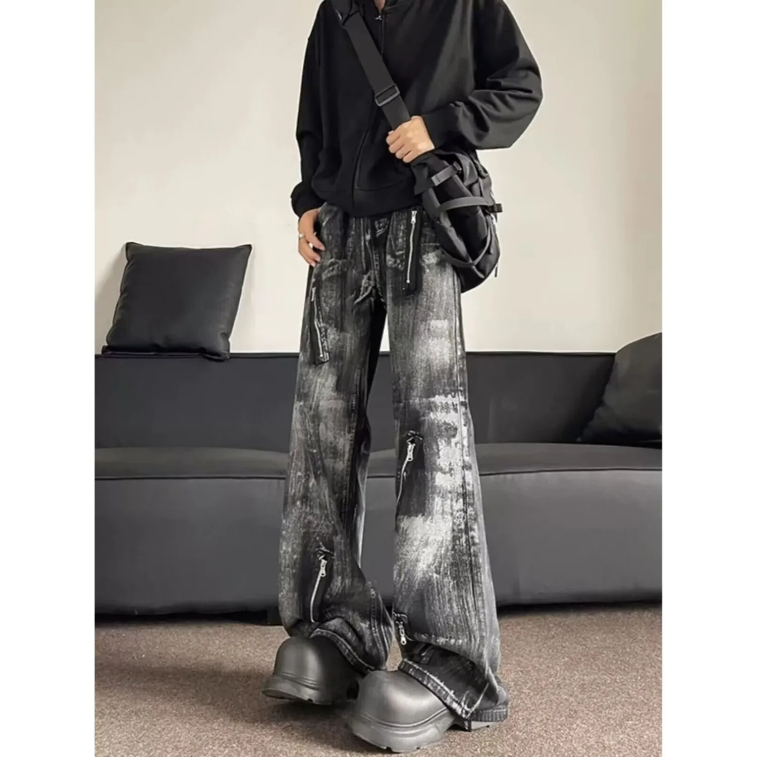 جينز رجالي صيفي للتخسيس مستقيم الساق وسحاب تصميم التعادل صبغ الدينيم مقاس كبير 250 Pou American Sle خمر البوليستر #4