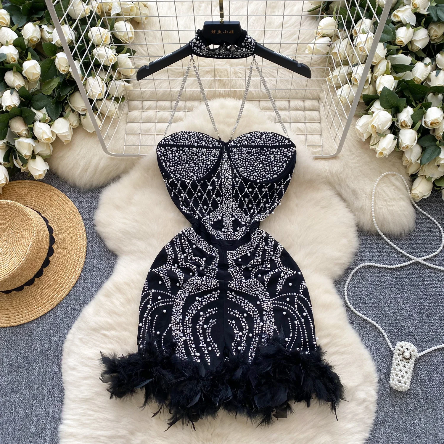 Hotsweet Sleeveless Vintage Halter Chic Embroidered Bead Rhinestone Feather Spliced Slim Pencil Dress High Street Women Clothing