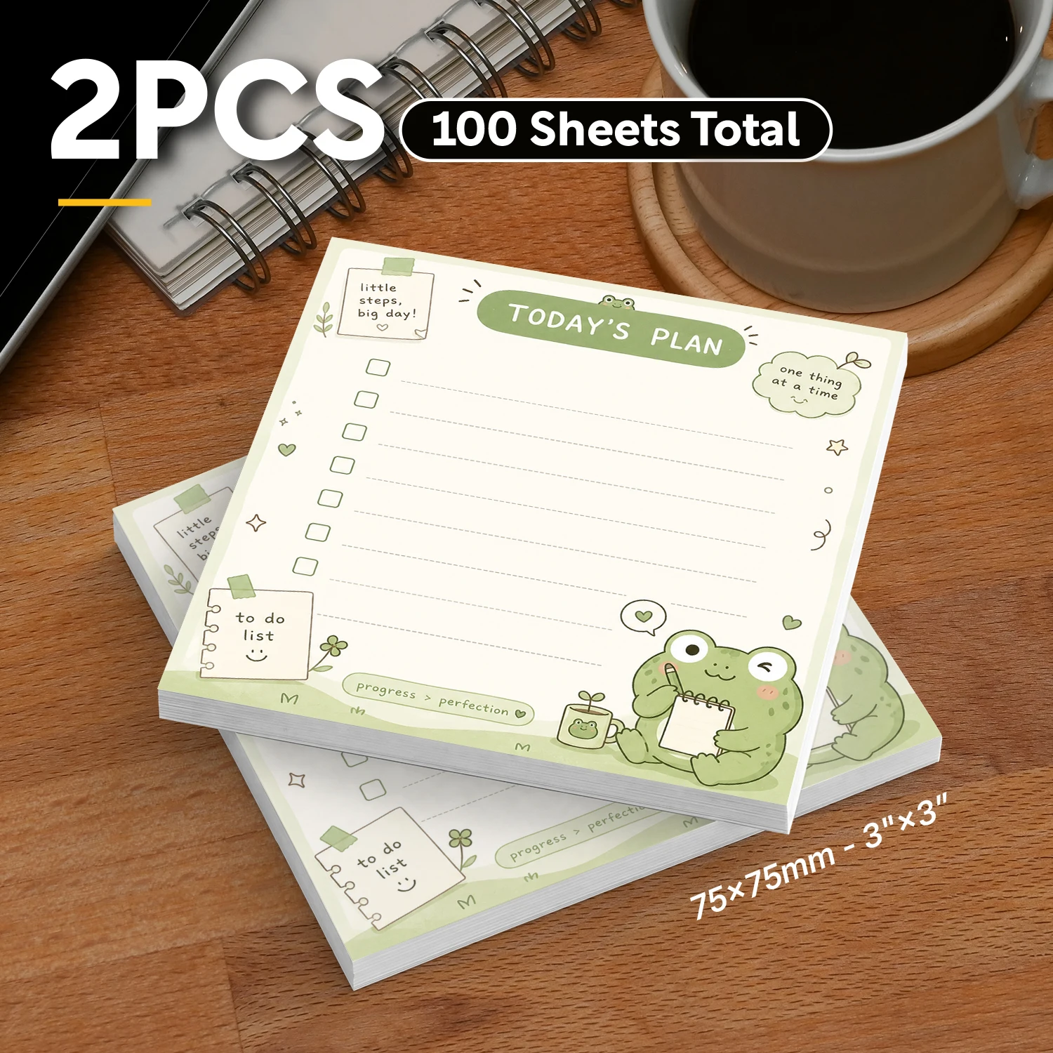 2PCS Cute Frog To Do Sticky Notes 100 Sheets Daily Planner Checklist Memo Pads Reminder Self Adhesive Office Stationery