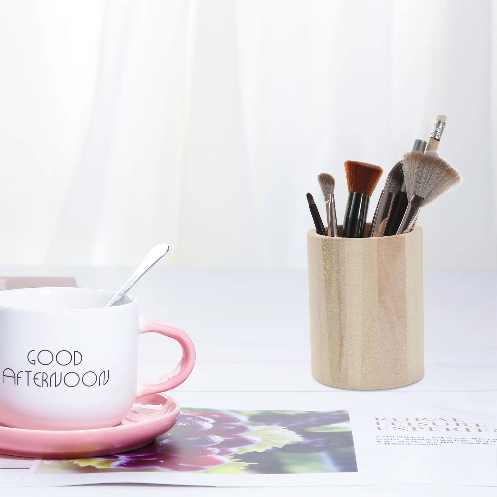 

3 Pcs Pen Storage Bucket Pencil Holder Aesthetic Desktop Wood Cup Makeup Brush Office
