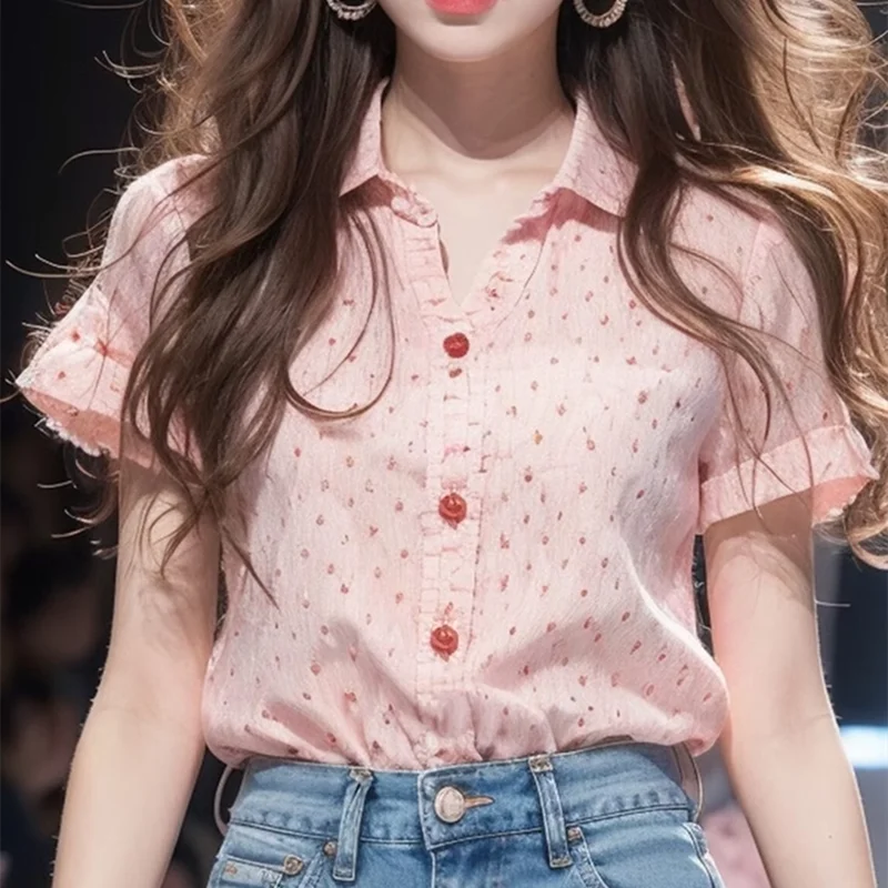 

Runway Summer Turn-Down Collar Casual Loose Polka Dot Women's Wear Casual Short Sleeve Fashion Single Breasted Shirt