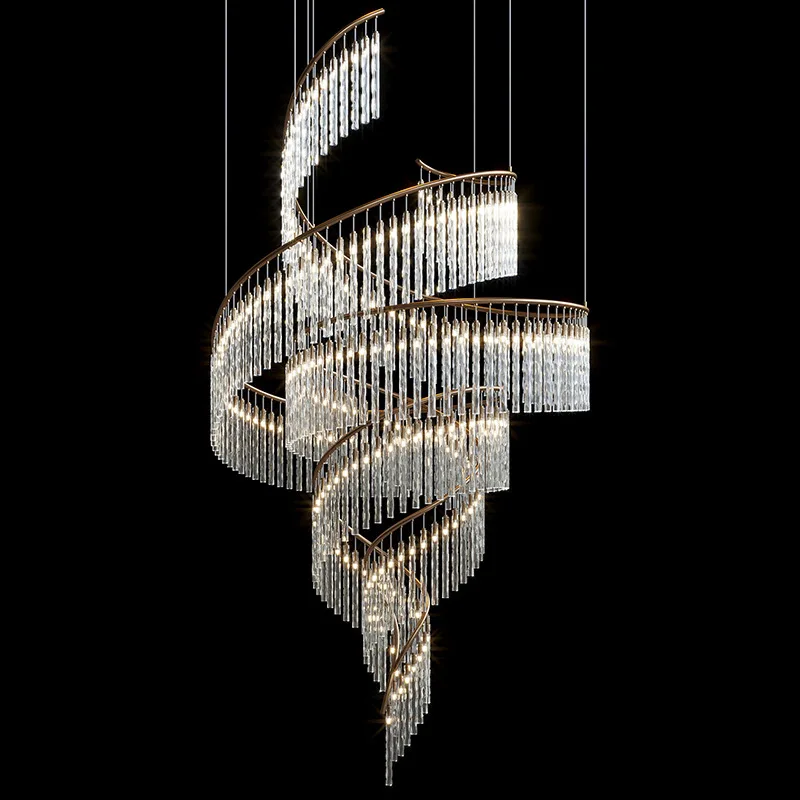 Customize Engineering Luxury Modern Duplex Spiral Staircase Crystal Chandelier Pendant Light Long for Villa Stair