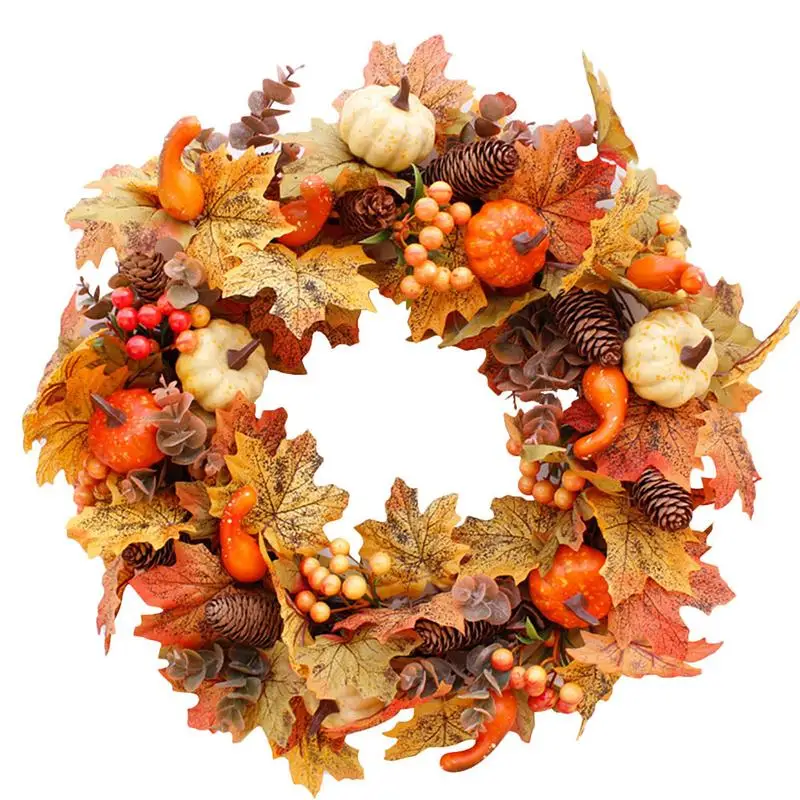 Autumn Wreath Artificial Maple Leaf Pumpkin Sunflower Door Wreath Fall Garland For Halloween Thanksgiving Hanging Ornaments