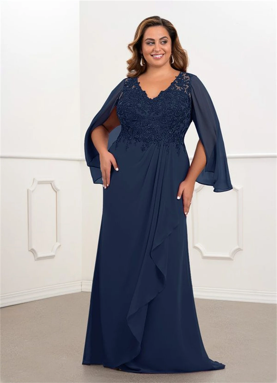 Chiffon V-neck Long Sleeve Mother of the Bride Dresses Elegant A-line Ruffles Appliques Sequins Family Gathering Evening Gowns