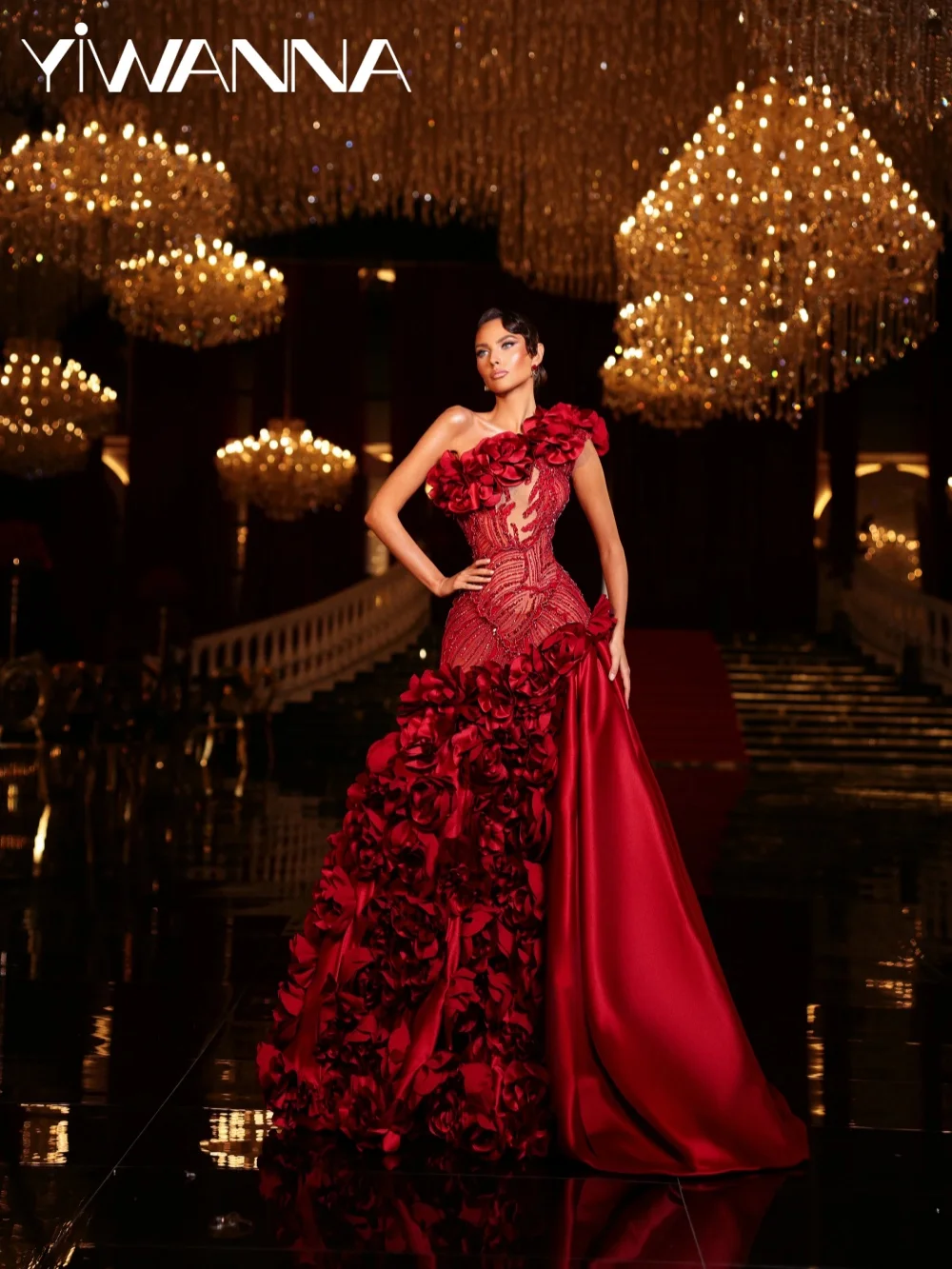 

Red Fully Beaded Evening Dress With 3D Rose Fashion One Shoulder Floor-length Wedding Party Gown Customized Luxury Prom Dresses