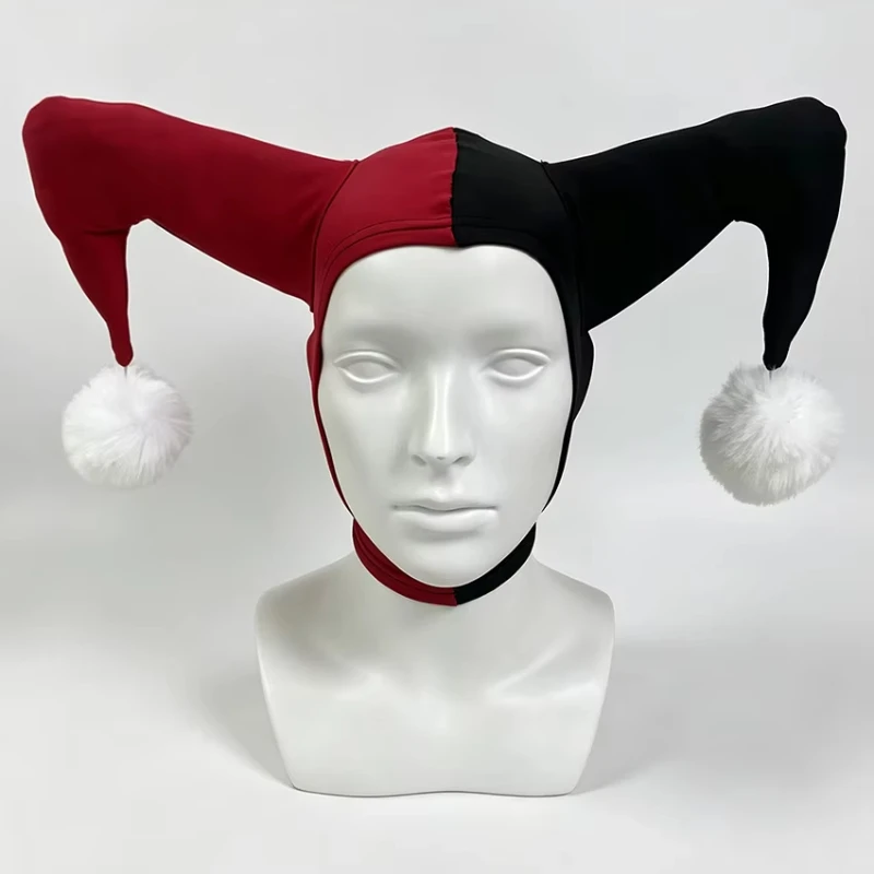 Women Harajuku Jester Hood Red Black Two Tone Pom Pom Jester Hat Trendy Halloween Cosplay Gothic Carnival Costume Party Headwear