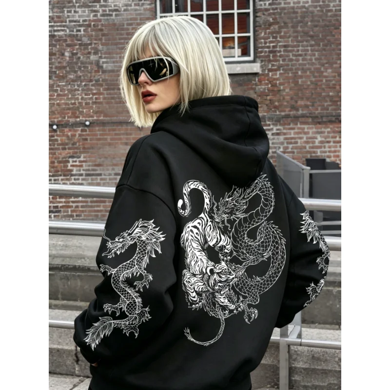 Vintage Hoodie im Drachen- und Tiger-Tattoo-Stil, Unisex, Harajuku Streetwear, Pullover mit Kapuze, Sweatshirt für Herren und Damen, lässige Oberteile – Detail 2
