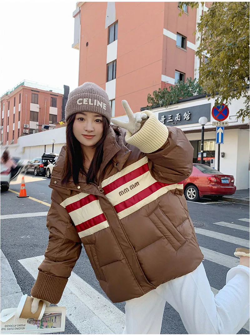 Fashion Color Contrast Letters Hooded Down Jacket Women\'s Winter Warm 90 White Duck Down Coat Short Knit Sleeve Cuff Loose