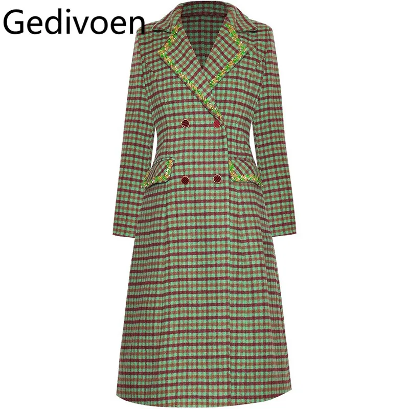 Gedivoen Autumn and Winter Green Plaid Women's Coat Notched Pocket Double-breasted Plaid Fashion Streetwear Overcoat