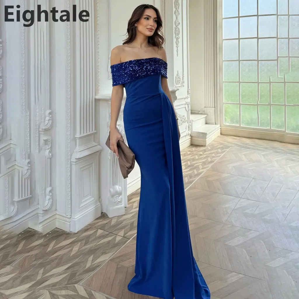 

Eightale 2025 Mermaid Jersey Royal Blue Evening Dress Sequined Off Shoulder Prom Dress Saudi Arabic Party Gown Customized