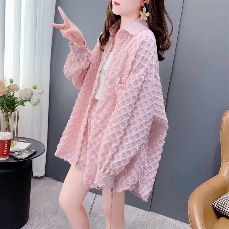 Women Loose Designer Two Piece Outfit Korean Summer Tweed Style Sunscreen Long Sleeve Shirt Matching Shorts Fashion Casual Set