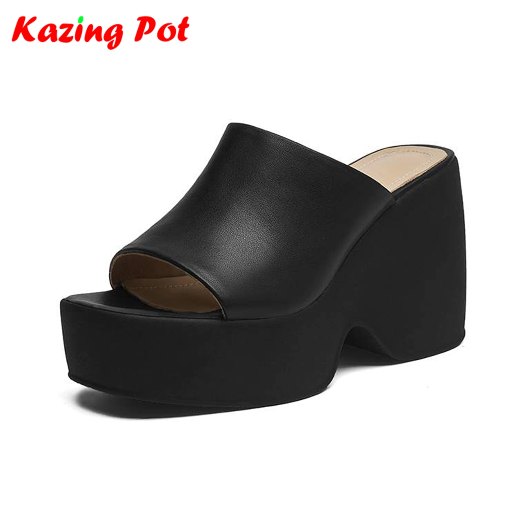 

Krazing Pot Cow Leather Mules Fashion Slip On Summer Shoes Super High Heels Solid Color Modern Casual Platform Women Ins Sandals