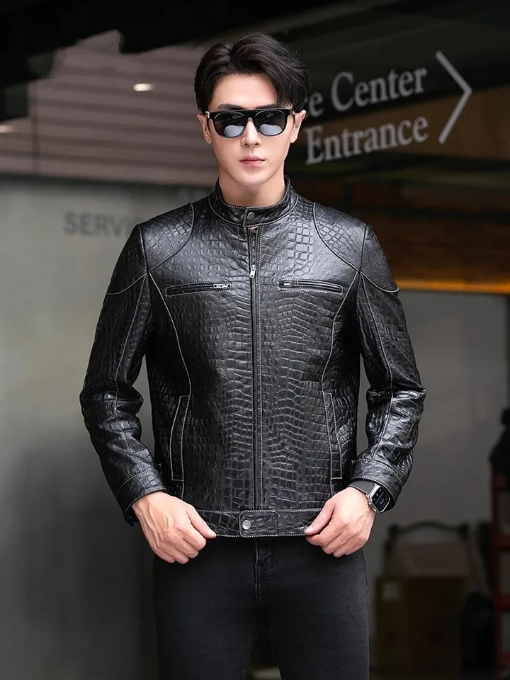 Males Luxury Natural Sheepskin Crocodile Pattern Jacket Stand