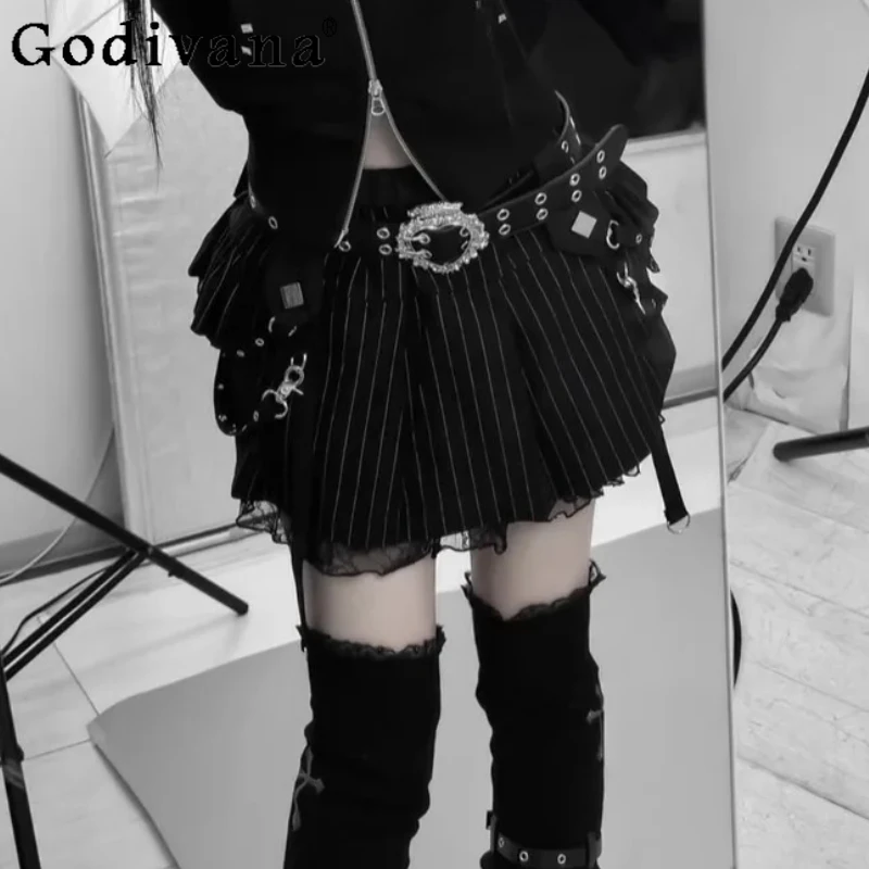 

Japanese Metal Leather Chain Elegant Lace Sexy Mini Skirt 2025 Summer New Elastic Waist Striped Versatile Age-reducing Skirts