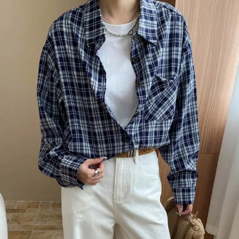 HKSH 春秋の新女性シャツコントラストカラーチェック柄デザインターンダウン襟長袖ポケット Y2K トレンディカジュアルトップ HK11027