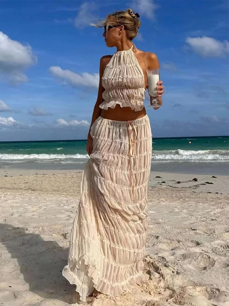 

Fashion Lace Skirt Outfit Spring Women Sleeveless Halter Fold Tops+High Waist Drawstring Knee Length Skirt Summer Two Piece Set