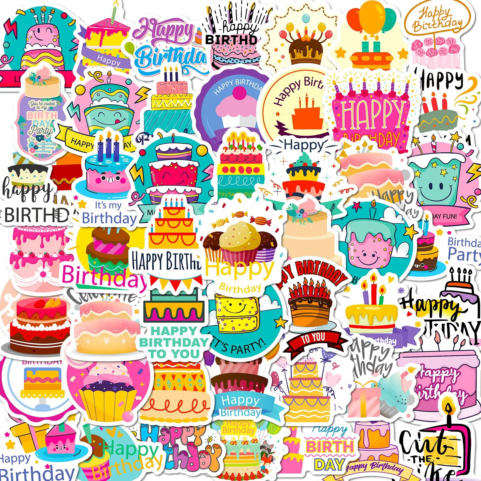 50 Pcs Birthday Cake Stickers Happy Birthday Greeting Graffiti Waterproof Vinyl Decals for Journal Laptop Gift