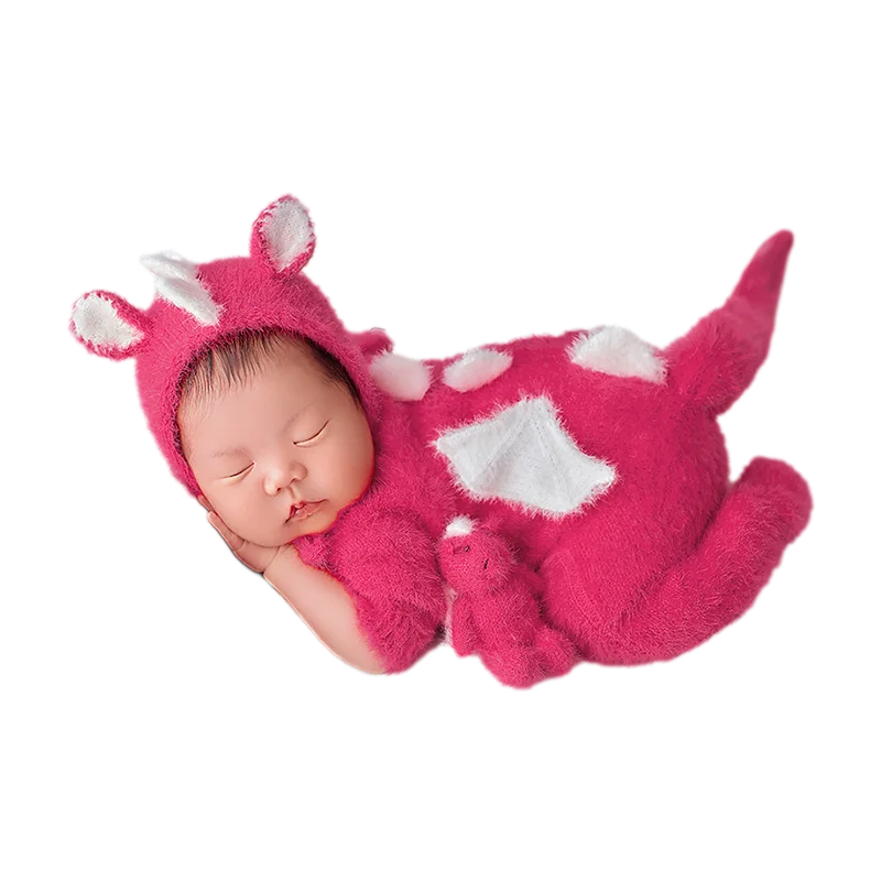 Rozerood Dragon Thema, Pasgeboren Fotografie Kleding, Gebreide Muts Jumpsuit Set, Voor 0-3 Maanden Baby Studio Shoot Rekwisieten Accessoires