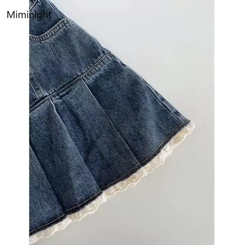 Imagem -03 - Saia Jeans Azul Feminina Patchwork de Renda Minissaias Plissadas Cintura Alta Fina Linha a Streetwear Casual Doce Moda Coreana Menina Y2k