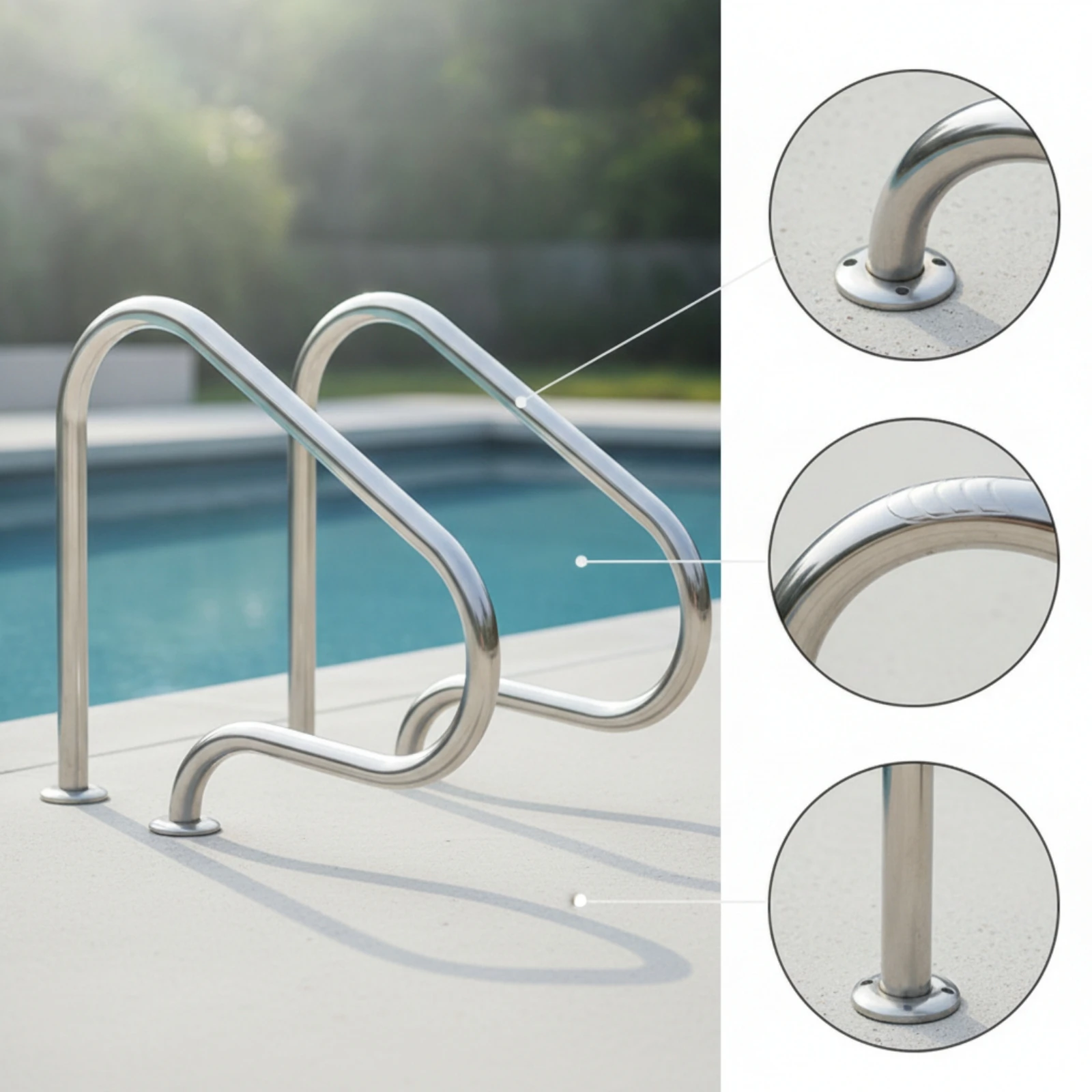 Pool Handrail with Base Plates Stainless Steel Pool Railing with Base Plate Safety Rail Screw-Mounted Handrails Long-Lasting