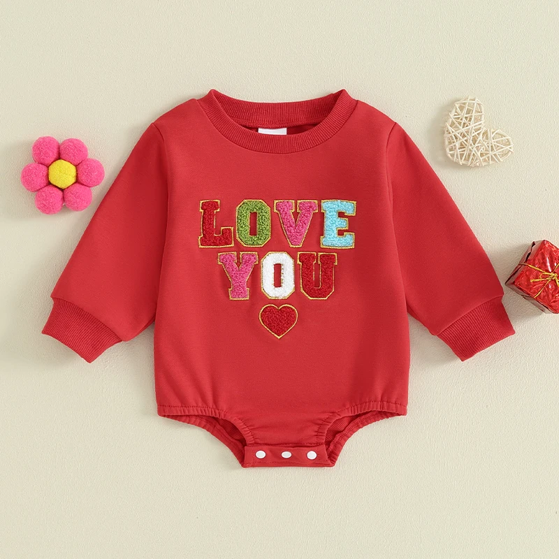 

2023-10-30 Lioraitiin 0-18M Baby Girls Valentine's Day Romper Long Sleeve Crew Neck Letter Embroidery Sweatshirt Romper