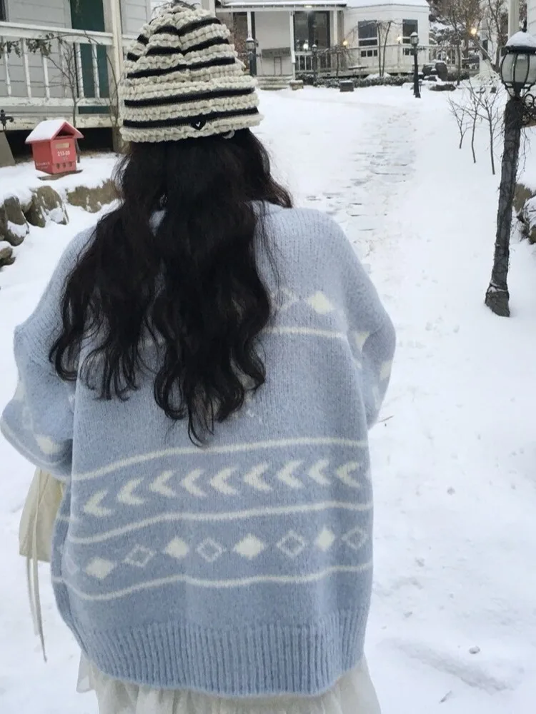 Blue Knitted Open Cardigan Women's Chic Winter Sweater Jaet Loose Fit Polyester Fiber Single Button Thiened Winter Outerwear