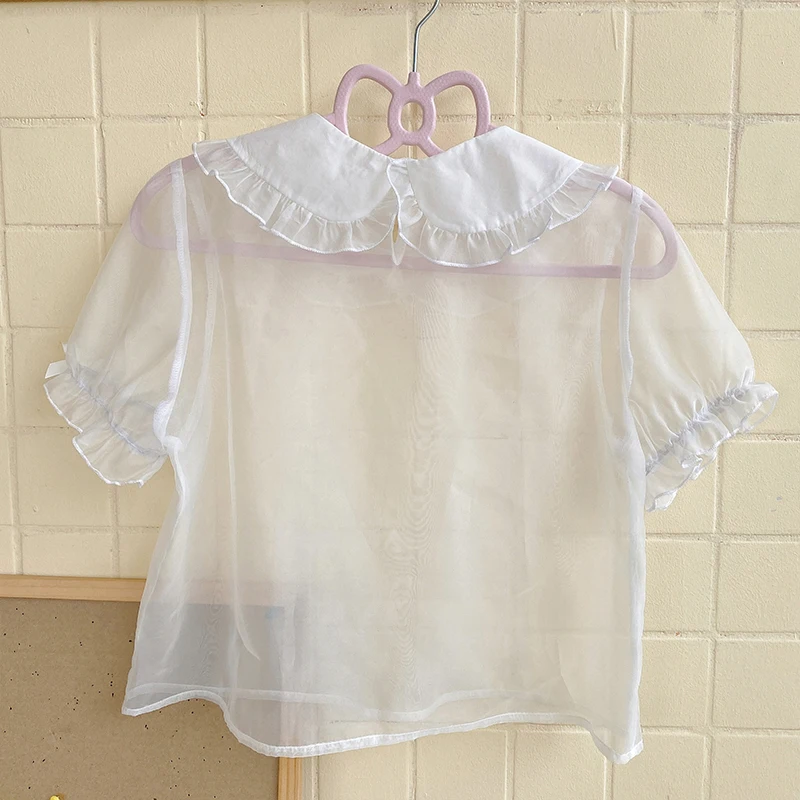 Peter Pan Collar Female Top Long Sleeve Kawaii China Lolita Shirt Girl Basic Tops Korean Elegant Blouse White Black Pink Blue