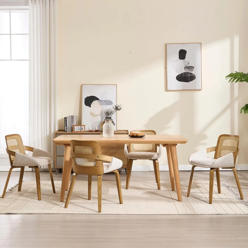 

Modern Linen Dining Chairs Set of 4,Cane Back Room Chairs with Solid Wood Legs Kitchen Chairs for Living Room, Restaurant