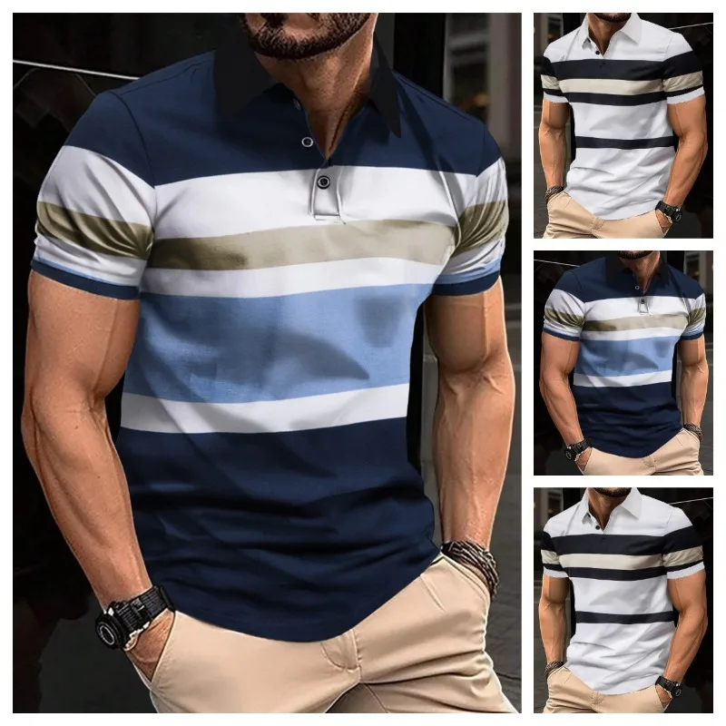 Stripe Pattern Print Polo Shirts Men Casual Street Lapel 2025 Golf Men Tops Fashion Sport Comforts Men Short Sleeve T-Shirt
