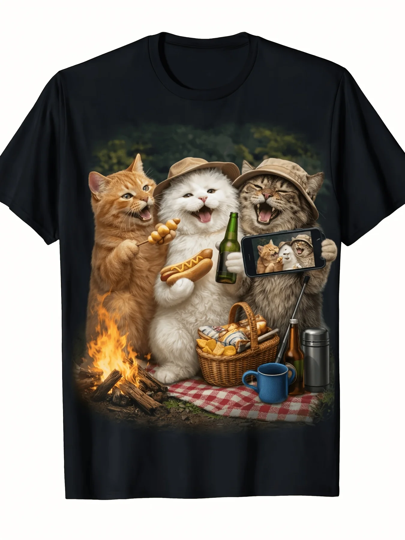 Cat Camping Picnic Fire Roasted Hot Dog Photo Print T-shirt, Men's and Women's 2026 Trendy T-shirt Print, Casual Street Style Top, Soft Short-sleeved T-shirt, Suitable for Daily Life, Parties and Going Out