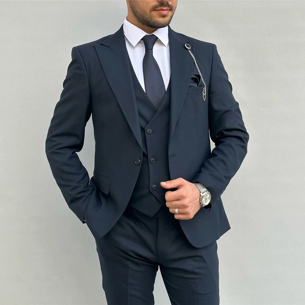 

Classic Navy Blue Suits For Mens Formal Business Blazer Wedding Groom Tuxedo Slim Fit 3 Piece Set Jacket Vest Pants Costume Homm