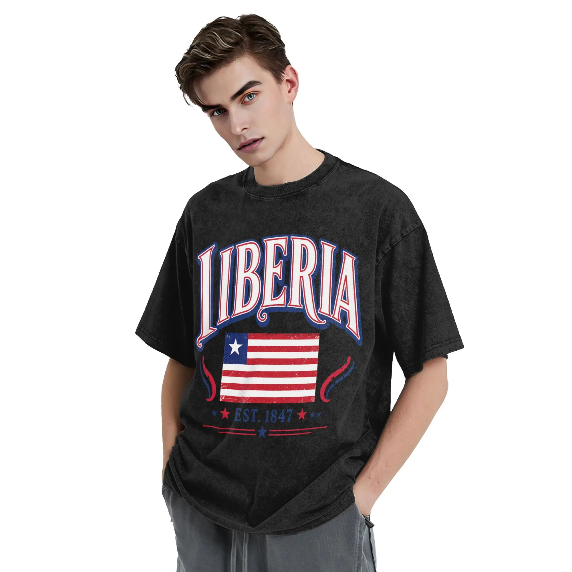 Liberia Est 1847 Independence Day  Washed T Shirt Streetwear  Novelty T-Shirt  Tees Men Women Short Sleeve Harajuku Printed